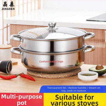 Nerezový dvojposchodový parný hrniec so skleneným viečkom, hĺbka 9 cm, hmotnosť 1200 g, univerzálna kompatibilita s platňami