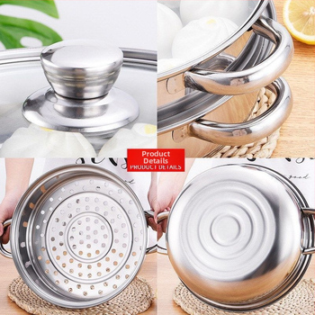 Nerezový dvojposchodový parný hrniec so skleneným viečkom, hĺbka 9 cm, hmotnosť 1200 g, univerzálna kompatibilita s platňami