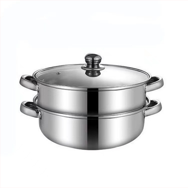 Nerezový dvojposchodový parný hrniec so skleneným viečkom, hĺbka 9 cm, hmotnosť 1200 g, univerzálna kompatibilita s platňami