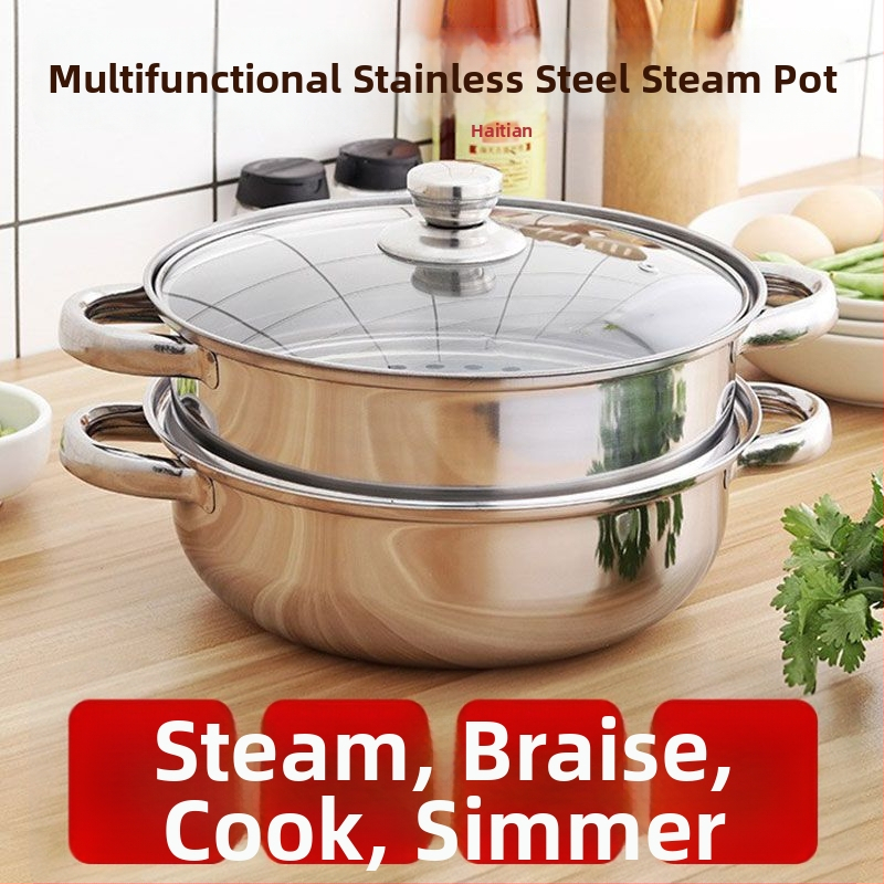 Nerezový dvojposchodový parný hrniec so skleneným viečkom, hĺbka 9 cm, hmotnosť 1200 g, univerzálna kompatibilita s platňami