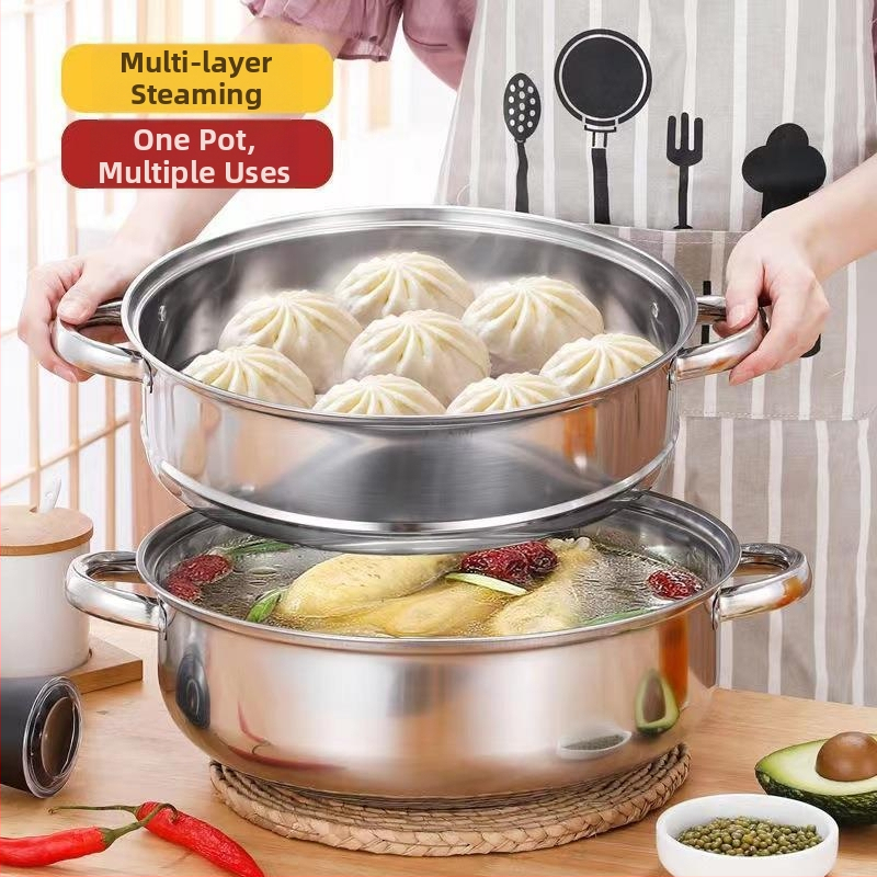 Nerezový dvojposchodový parný hrniec so skleneným viečkom, hĺbka 9 cm, hmotnosť 1200 g, univerzálna kompatibilita s platňami