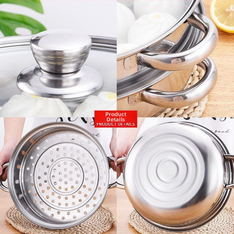 Nerezový dvojposchodový parný hrniec so skleneným viečkom, hĺbka 9 cm, hmotnosť 1200 g, univerzálna kompatibilita s platňami