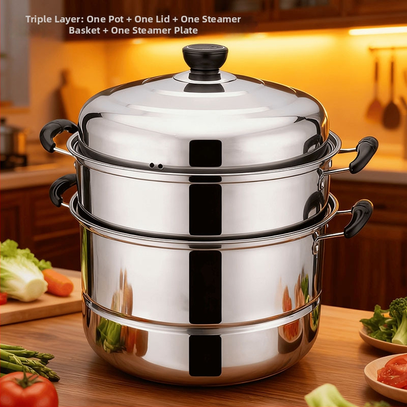 Nerezová oceľová parovač s viacúrovňovou konštrukciou (dve a tri úrovne), kompatibilný s indukčnou doskou, viečko z nehrdzavejúcej ocele