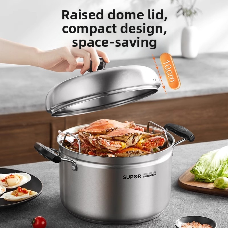 Parný hrniec z 304 nehrdzavejúcej ocele, trojvrstvové dno, pokrievka z nehrdzavejúcej ocele s kaleným sklom, univerzálny pre plynový a indukčný sporák