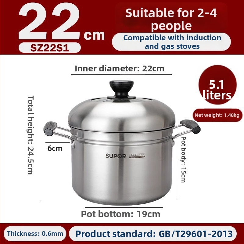 Parný hrniec z 304 nehrdzavejúcej ocele, trojvrstvové dno, pokrievka z nehrdzavejúcej ocele s kaleným sklom, univerzálny pre plynový a indukčný sporák