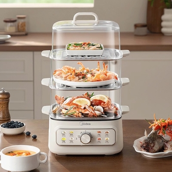 Paravar electric Midea cu patru straturi, capacitate mare peste 10 litri, 1200W, 220V, 50Hz, tavă de aburi din oțel inoxidabil + fund antiaderent, pentru 4-5 persoane