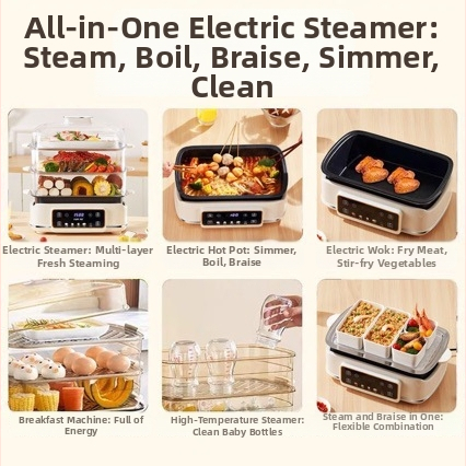 Elektrický parný hrniec s vnútornou nádobou z titánovej zliatiny, odnímateľný a umývateľný, kapacita nad 10 l, systém parenia s viac ako 3 úrovňami, ohrev za menej ako 4 minúty