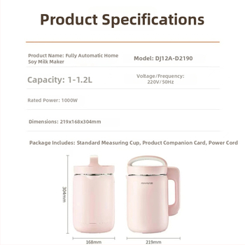 Joyoung Sójové mlieko DJ12A-D2190, objem 1.2 L, výkon 1000 W, 220 V, ohrev tela, mlyn bez sitka, zahrievacia funkcia