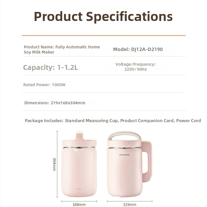 Joyoung Sójové mlieko DJ12A-D2190, objem 1.2 L, výkon 1000 W, 220 V, ohrev tela, mlyn bez sitka, zahrievacia funkcia