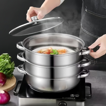 Nehrđajući čelik, trostruki parni lonac s velikim kapacitetom, stakleni poklopac, kompatibilan s indukcijskim pločama