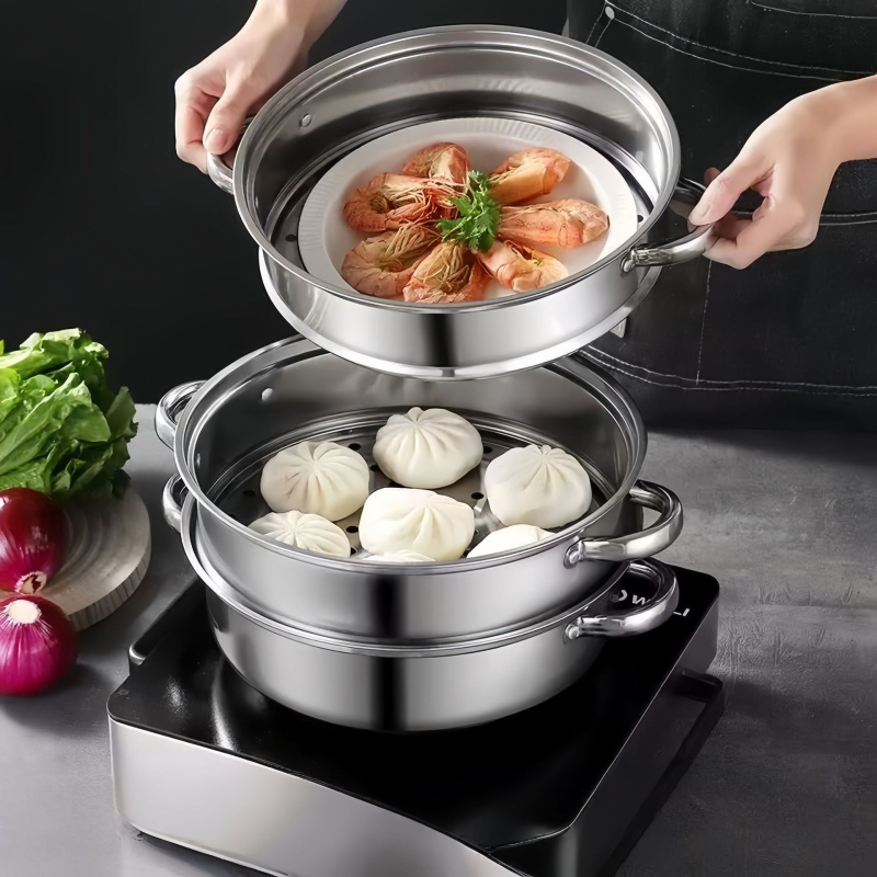 Nehrđajući čelik, trostruki parni lonac s velikim kapacitetom, stakleni poklopac, kompatibilan s indukcijskim pločama