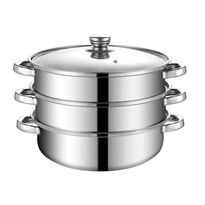 Nehrđajući čelik, trostruki parni lonac s velikim kapacitetom, stakleni poklopac, kompatibilan s indukcijskim pločama
