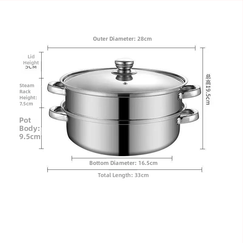 Nerezový trojposchodový parný hrniec z nehrdzavejúcej ocele, veľká kapacita, sklenené veko, kompatibilný s indukčnou platňou