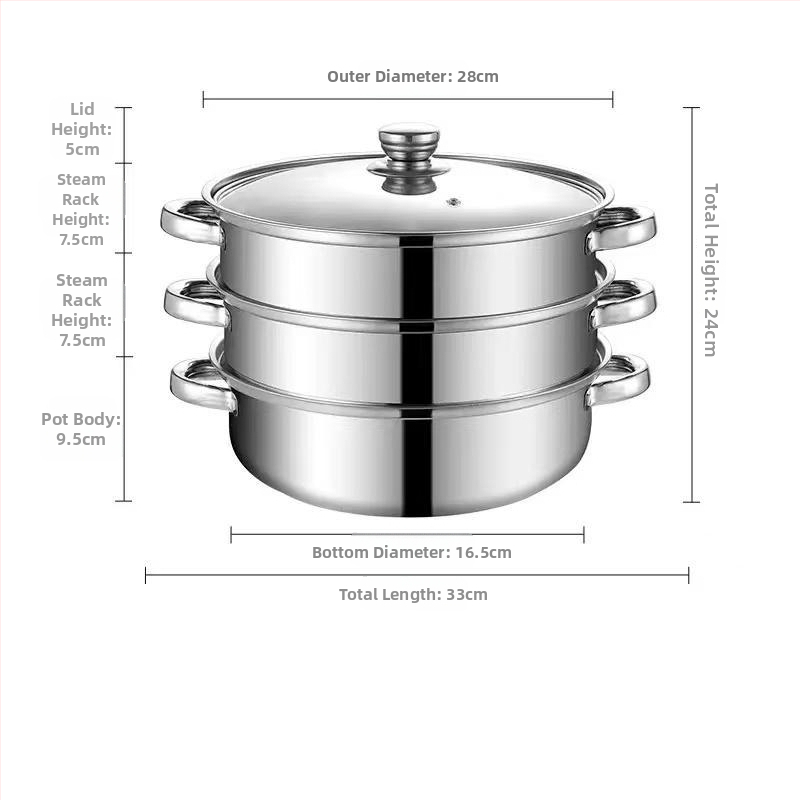 Nerezový trojposchodový parný hrniec z nehrdzavejúcej ocele, veľká kapacita, sklenené veko, kompatibilný s indukčnou platňou