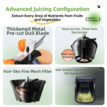 Sapphire domáci odšťavovač — ABS telo, až 200 W, výstup šťavy 401–600 ml, maximálna rýchlosť 12 000 rpm, nádoba na dužinu až 500 ml