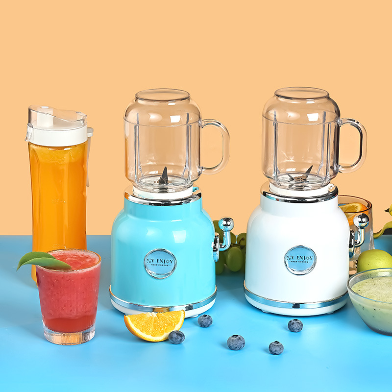 Retro sokovnik s dvostrukim čašama, kompaktni automatski, lako za čišćenje — 18000 rpm, 4 oštrice, PC prehrambena plastika unutarnja posuda, 401–600 ml, 220V