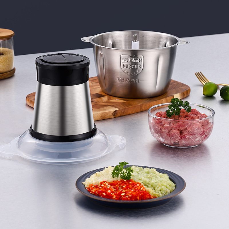 FUFUXIONG Măcinător electric de carne și mincer pentru usturoi și legume, corp și cupă din oțel inoxidabil, 4 lame, 2 trepte de viteză, până la 10.000 rpm