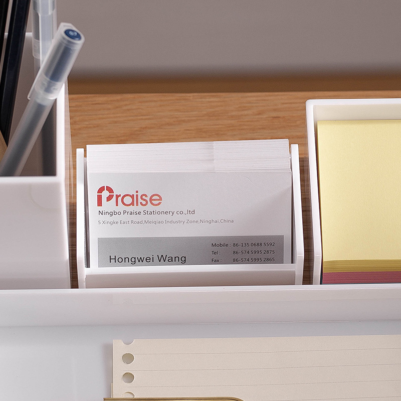 Suport de birou din plastic pentru carduri și notițe, model 1004, strat unic, capacitate 50 carduri, imprimare logo disponibilă