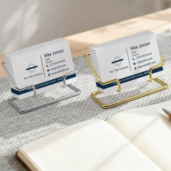 Suport metalic pentru cărți de vizită pentru birou – design geometric, strat unic, personalizabil