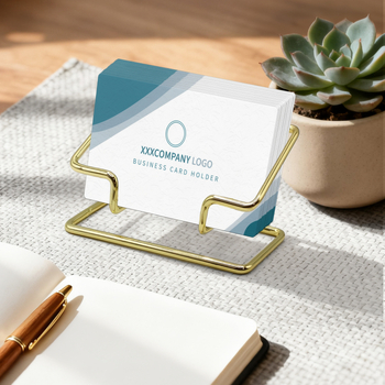 Suport metalic pentru cărți de vizită pentru birou – design geometric, strat unic, personalizabil