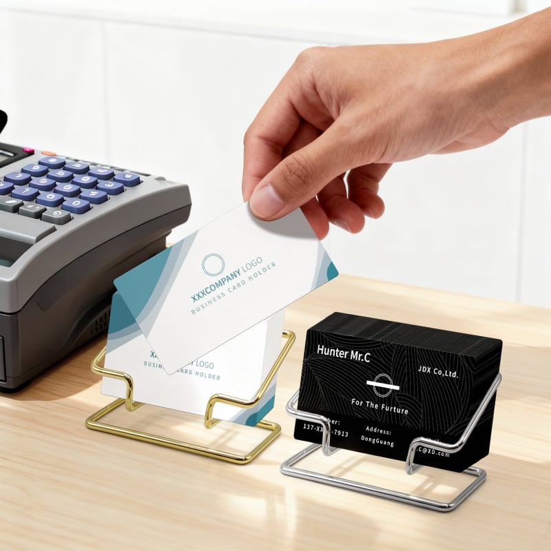Suport metalic pentru cărți de vizită pentru birou – design geometric, strat unic, personalizabil