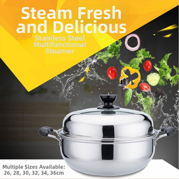 Пароварка от неръждаема стомана, еднослойна, със капак от закалено стъкло, съвместима с индукционни котлони, многослойно дъно