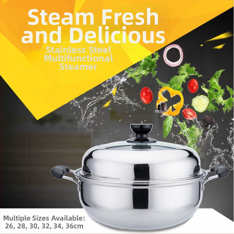 Пароварка от неръждаема стомана, еднослойна, със капак от закалено стъкло, съвместима с индукционни котлони, многослойно дъно