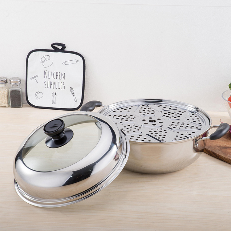 Пароварка от неръждаема стомана, еднослойна, със капак от закалено стъкло, съвместима с индукционни котлони, многослойно дъно