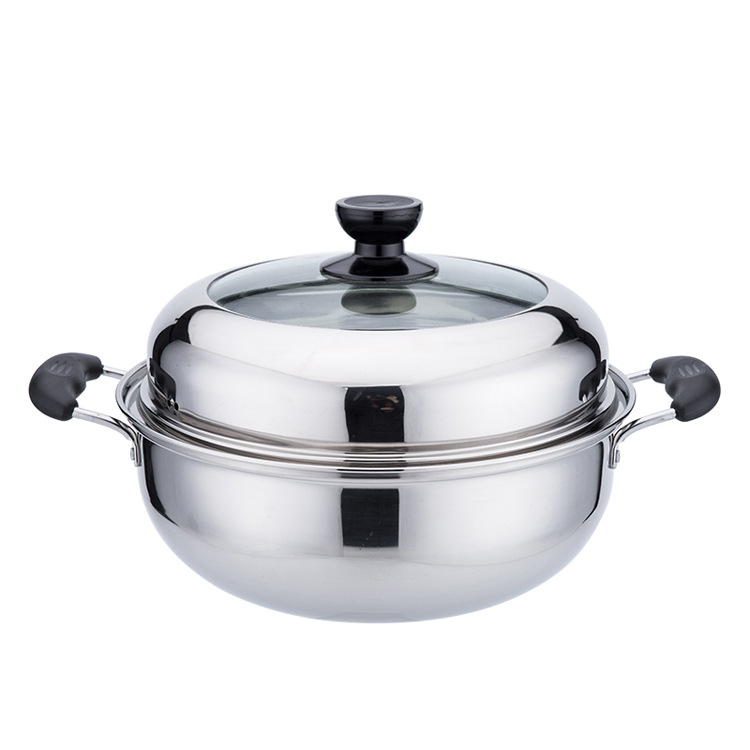 Пароварка от неръждаема стомана, еднослойна, със капак от закалено стъкло, съвместима с индукционни котлони, многослойно дъно