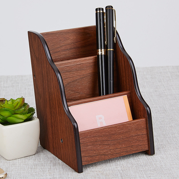 Stocare de cărți de vizită din lemn HX-1033, design cu două niveluri și patru compartimente, design geometric, imprimare a logo-ului