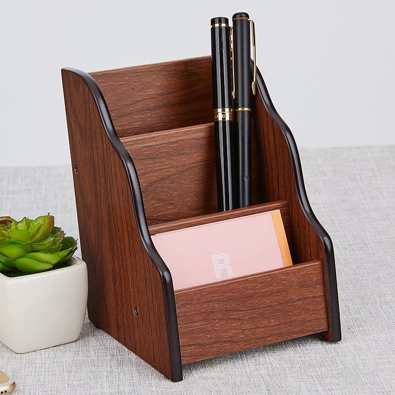 Stocare de cărți de vizită din lemn HX-1033, design cu două niveluri și patru compartimente, design geometric, imprimare a logo-ului