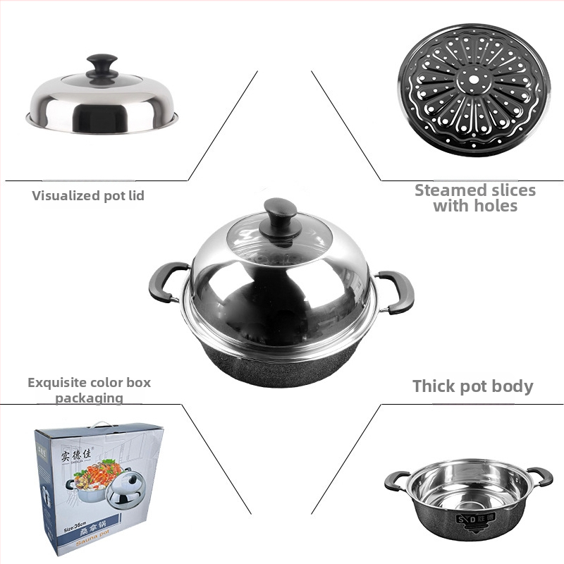 Parný hrniec z nehrdzavejúcej ocele 201, jednovrstvý, nepriľnavý povrch, vhodný pre bežné sporáky, model Sauna pot