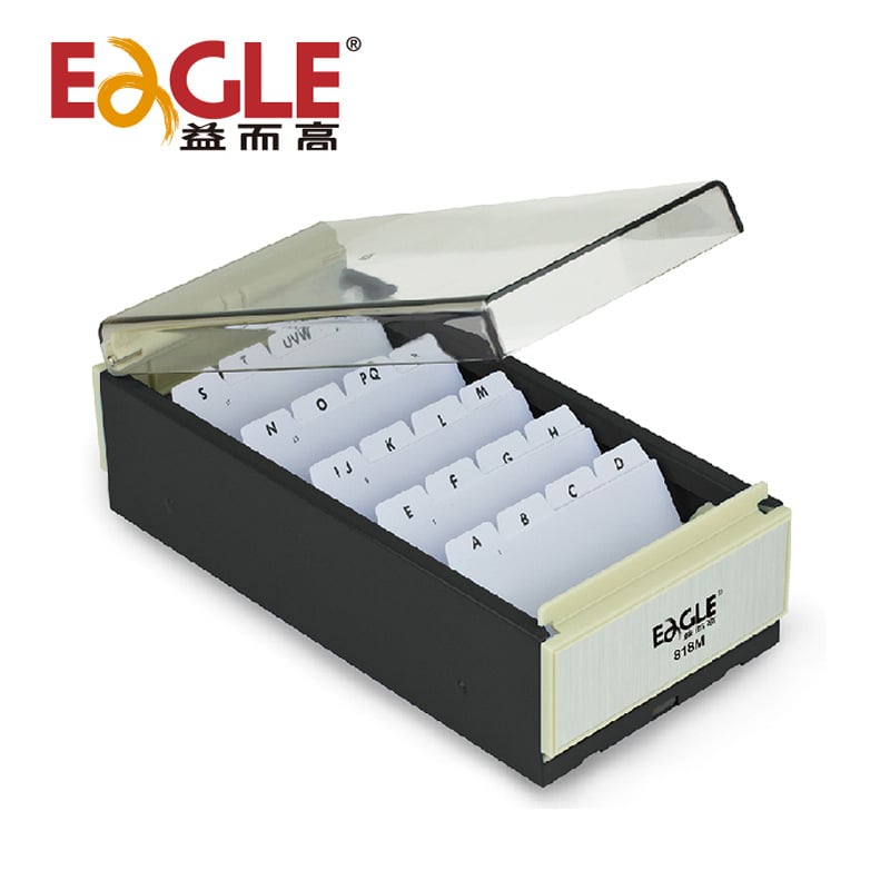 Cutie pentru cărți de vizită 818m - Plastic transparent, Design geometric monocameral, Include cărți index, Capacitate 600 de bucăți