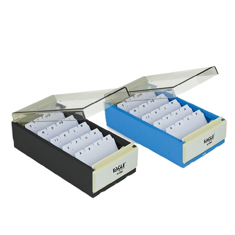 Cutie pentru cărți de vizită 818m - Plastic transparent, Design geometric monocameral, Include cărți index, Capacitate 600 de bucăți