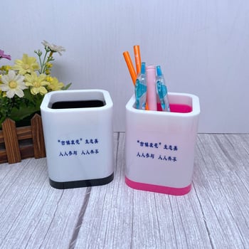 Πλαστικό τετράγωνο δοχείο για στυλό, διπλού επιπέδου, με εκτύπωση λογότυπου, μοντέλο 02