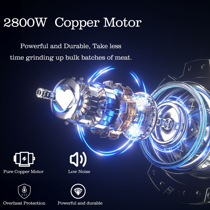 Mlin za meso i sjeckalica povrća – dva u jednom, 110–240 V, kapacitet ispod 1 L, motor do 10 000 obrt/min, buka 46–70 dB