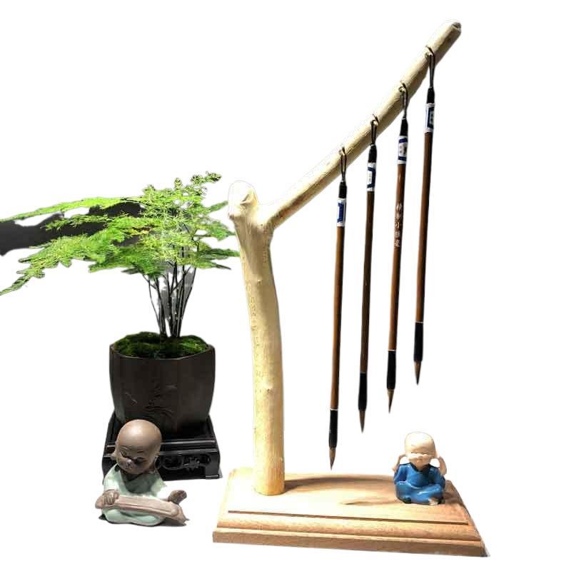 Ξύλινο ράφι για πινέλα και στυλό, κινεζικού στυλ, με μοτίβο ρίζας και απλό σχέδιο, κρεμαστό τοίχου