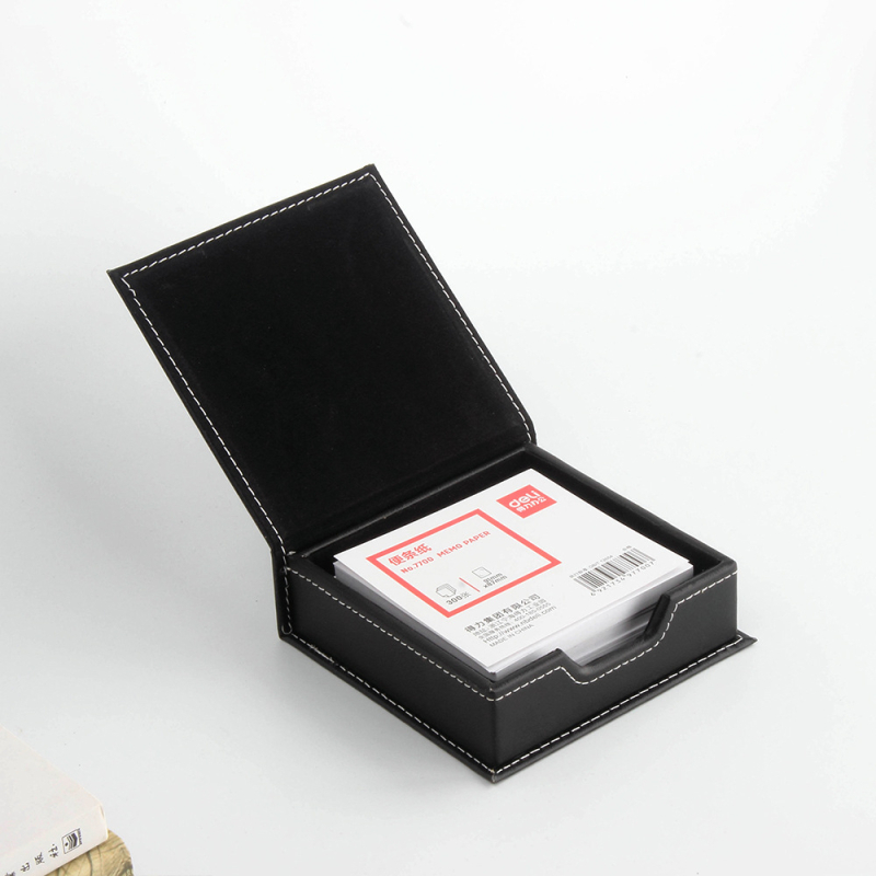 Kožna kutija za bilješke na stolu, Muhuashi, model MHS-BQH, drži jednu ljepljivu bilježnicu, ispisan logo: OK