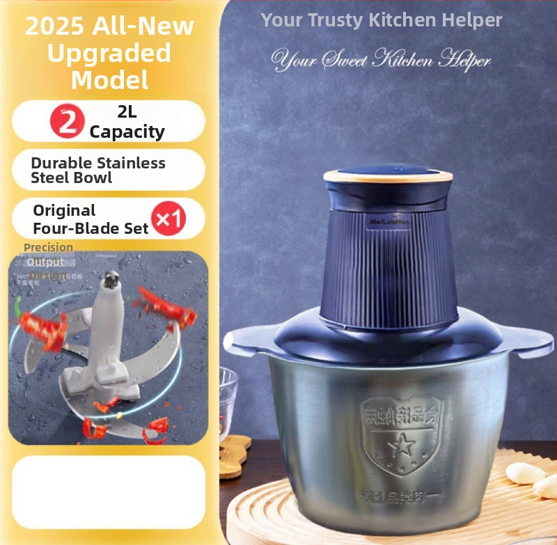 Domáce mlynček na mäso 2,5 l — plne automatický, multifunkčný, s 4 čepeľami a sklenenou nádobou, druhá rýchlosť