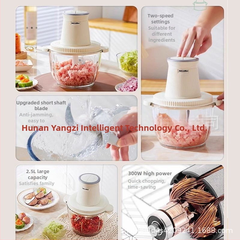 Domáce mlynček na mäso 2,5 l — plne automatický, multifunkčný, s 4 čepeľami a sklenenou nádobou, druhá rýchlosť