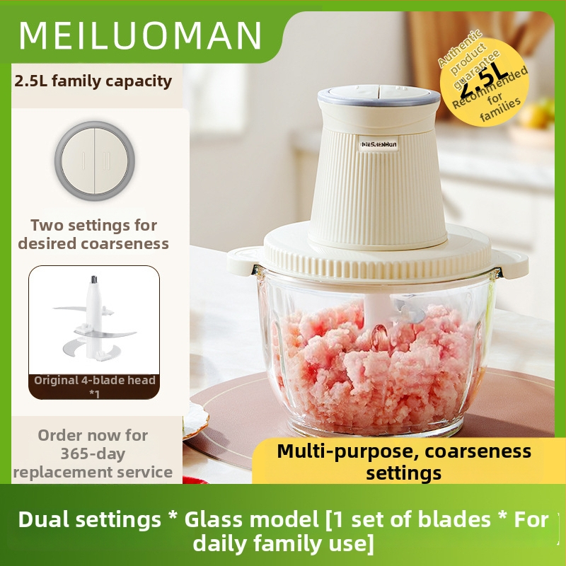 Domáce mlynček na mäso 2,5 l — plne automatický, multifunkčný, s 4 čepeľami a sklenenou nádobou, druhá rýchlosť