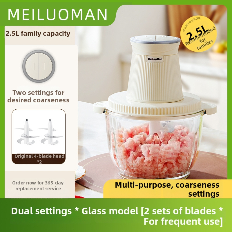 Domáce mlynček na mäso 2,5 l — plne automatický, multifunkčný, s 4 čepeľami a sklenenou nádobou, druhá rýchlosť