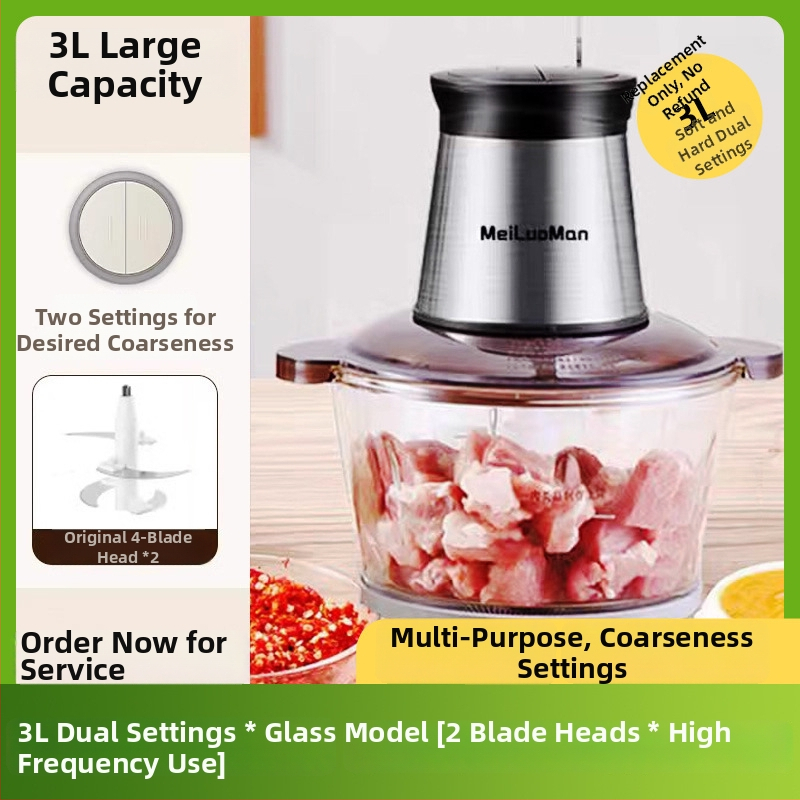 Domáce mlynček na mäso 2,5 l — plne automatický, multifunkčný, s 4 čepeľami a sklenenou nádobou, druhá rýchlosť