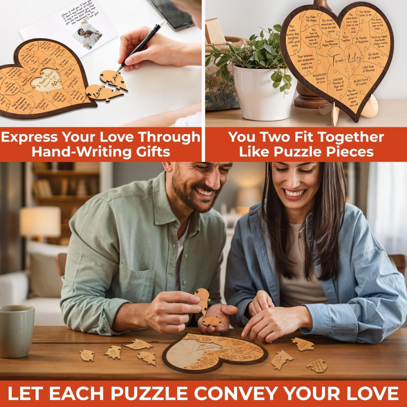 Drveni srčani puzzle ukras — moderan minimalistički stil, stolni suvenir za parove, poklon za Dan zaljubljenih