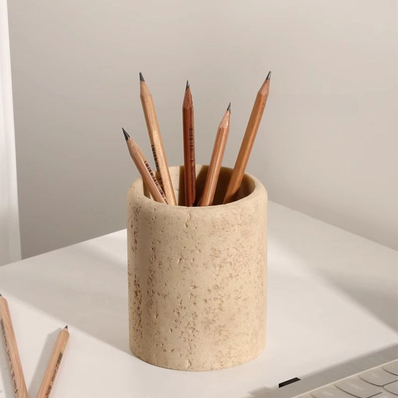 Δοχείο στυλό από τραβερτίνιο – στρογγυλός επιτραπέζιος οργανωτής για μινιμαλιστικό, πολυτελές γραφείο