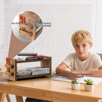 Raft din lemn pentru cafea cu suport pentru pixuri, ventuză, raft de birou cu 2 etaje pentru căni