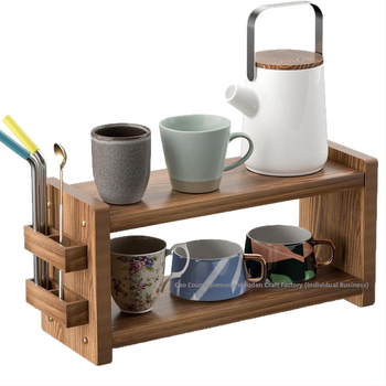 Raft din lemn pentru cafea cu suport pentru pixuri, ventuză, raft de birou cu 2 etaje pentru căni