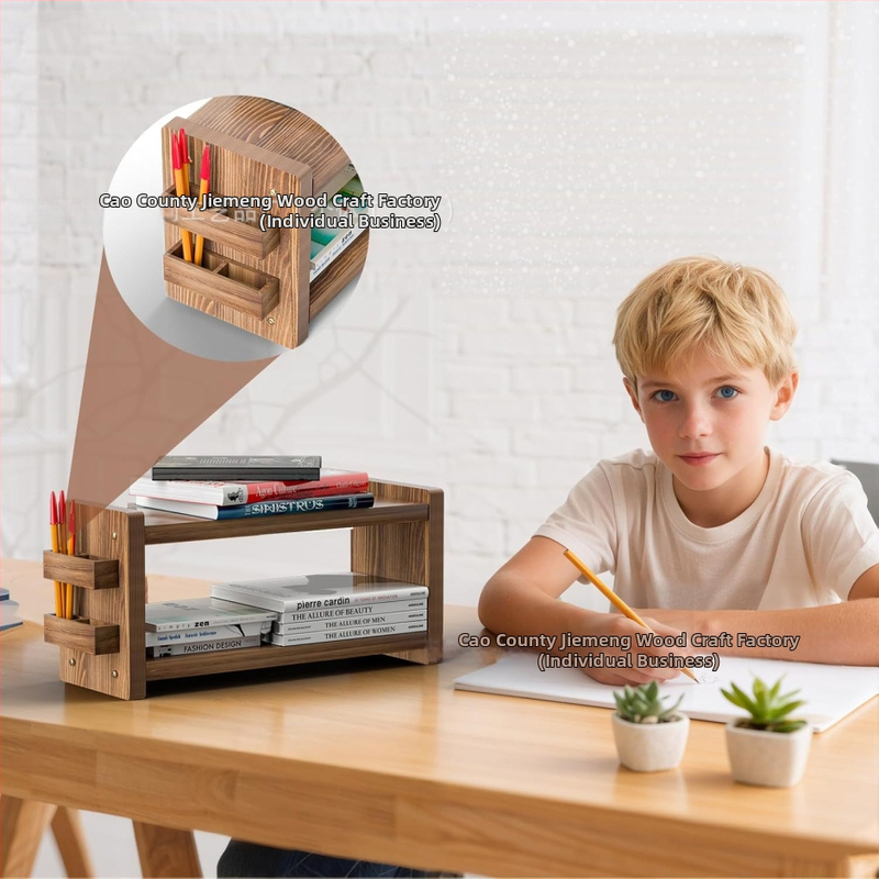 Raft din lemn pentru cafea cu suport pentru pixuri, ventuză, raft de birou cu 2 etaje pentru căni