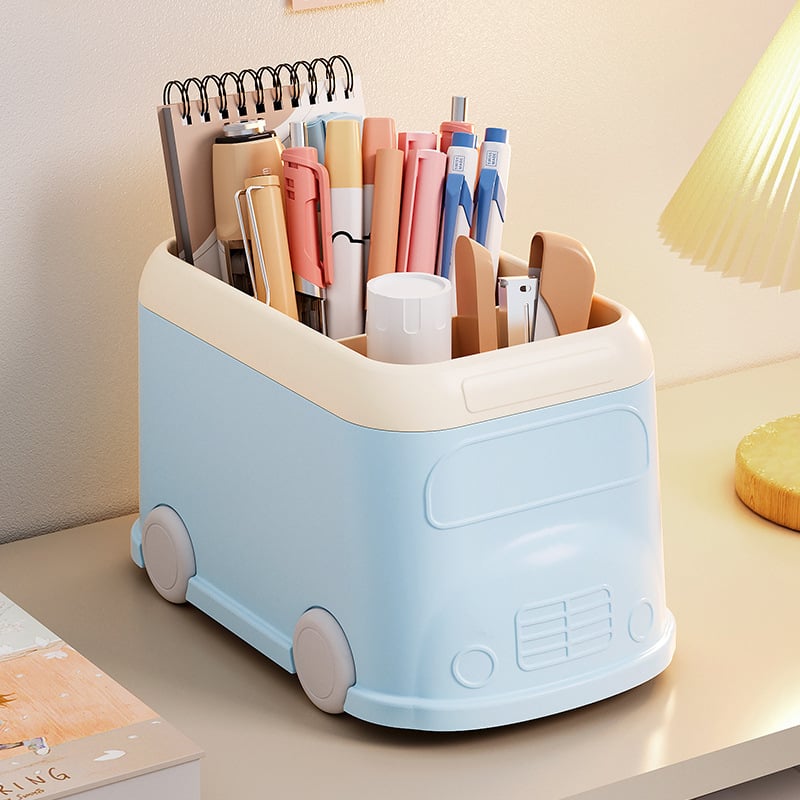 Držač olovaka za stol s tri odjeljka, dizajn autobusa, model W3163, materijal HIPS+PP, kapacitet 2 L
