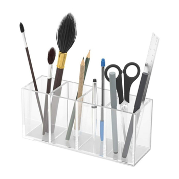 Prozirni akrilni kutijica s četiri odjeljka za četkice za make-up i olovke, pravokutnog oblika, s mogućnošću vlastitog logotipa.